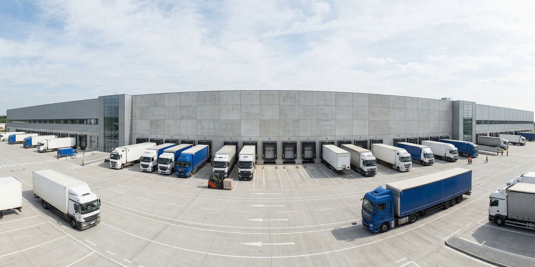 Wide-angle view of a modern logistics property. Many trucks dock at loading ramps in an orderly manner, supported by yard management and time windows.